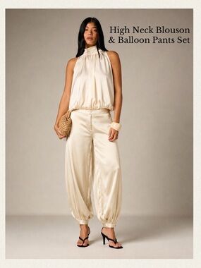 NEW! Creamy Gold High-Neck Blouse & Balloon Pants Set in Ladies’ Small